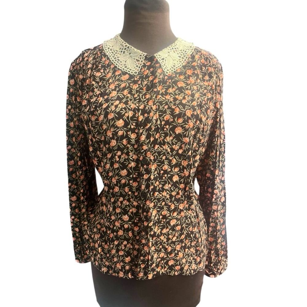 Vtg Dainty Floral Peter Pan Collar Blouse M Cottagecore Coquette Dark Romantic